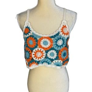 Crochet Floral Crop Top‎ Teal Orange